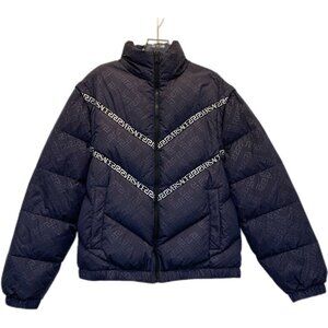 Versace deep navy logo all-over print stand-collar zip-up long-sleeve down jacke